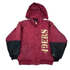 Vtg 90’s San Francisco 49ers Logo 7 Game Day Puffer Jacket‎ Hood Sz M Black/Red